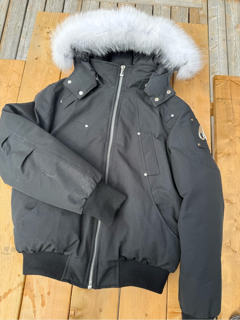 Moose Knuckles Black Bomber with White Fur Trim Hood